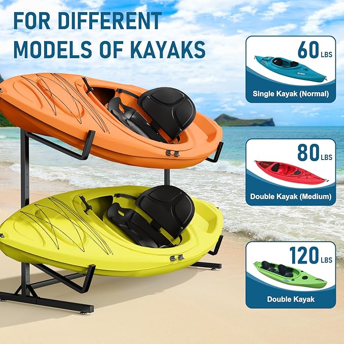 Kayak Storage Rack, Heavy Duty Freestanding Kayak Rack for Garage and Outdoor Storage, Kayak Stand Adjustable for Kayak, Canoe, Surfboard and Paddle Board