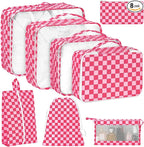 KPX 8 Set Packing Cubes for Travel, Luggage Packing Organizers Accessories Large Toiletries Bag for Clothes Shoes Cosmetics (8Set-Rose Checkered)