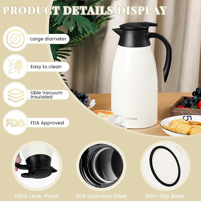 68 Oz Thermal Coffee Carafe, Stainless Steel Insulated Vacuum coffee crafts to keep coffee hot, 2 Liter Tea Water Coffee and Beverage Dispenser (Cream)