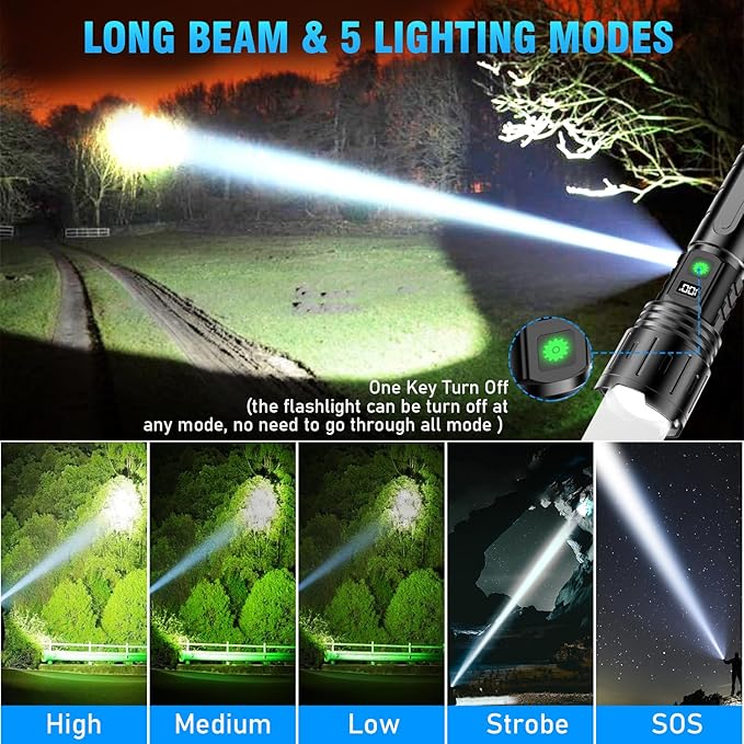 Flashlights 2000 High Lumens Rechargeable - 1500 Meters Long Beam Super Bright LED Flash Light with Power Display & IPX5 Waterproof for Camping, 20H Runtime,5 Modes,Zoomable with Belt Holsters