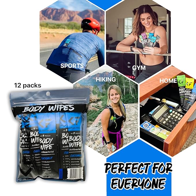 Body 12-Count Wipes - Original Disposable Wipes, Individually Wrapped for the Gym, Workout, Hiking, Travel, and Sport (Coconut)