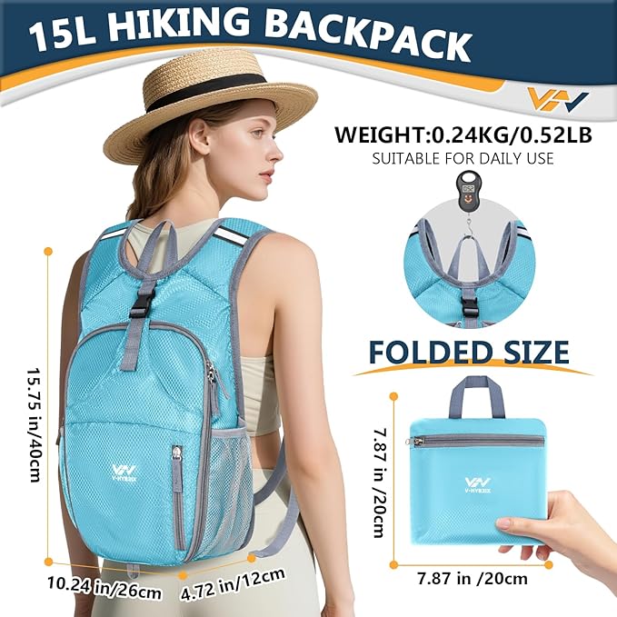 15L Hiking Backpack - Small Lightweight Packable Daypack Travel Outdoor Foldable Shoulder Bag Camping Hiking Backpack for Women Men - Blue