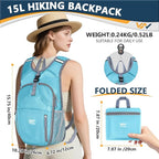 15L Hiking Backpack - Small Lightweight Packable Daypack Travel Outdoor Foldable Shoulder Bag Camping Hiking Backpack for Women Men - Blue
