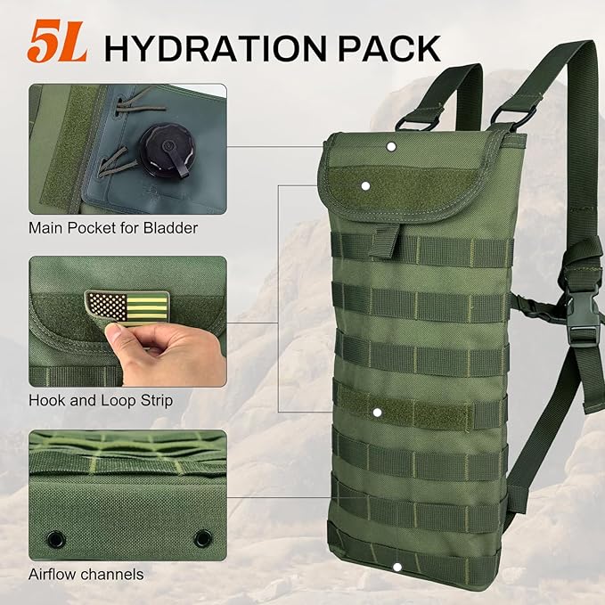 5L Hydration Pack, Water Backpack with 3L Water Bladder, MOLLE System for Outdoor Hiking, Biking, Running