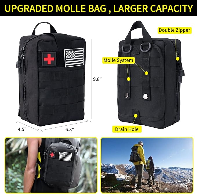 Survival Kit and First Aid kit, 160 Pcs Emergency Supplies Camping Accessories with Upgraded Molle Bag, Gifts for Men and Women Outdoor Adventure Camping Hiking Hunting