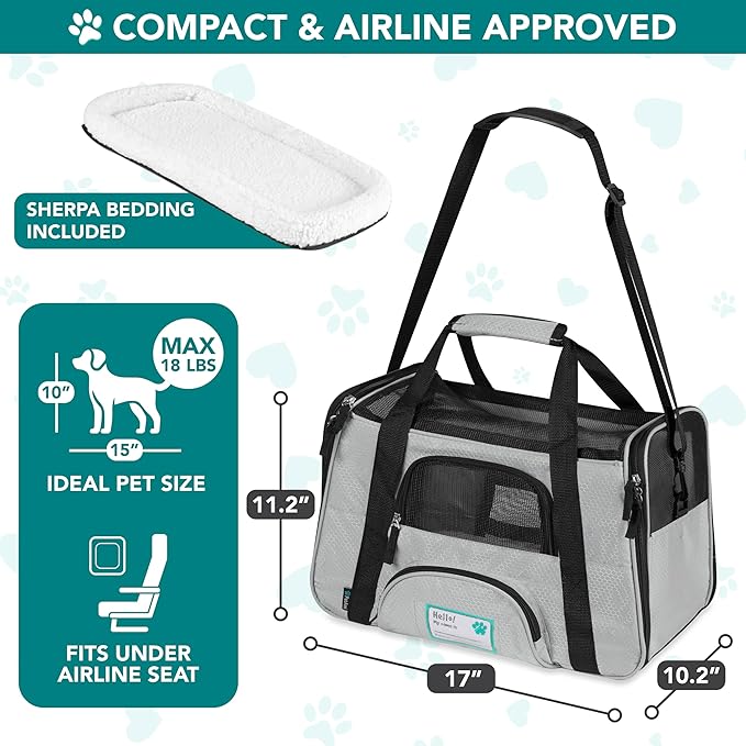 PetAmi Airline Approved Pet Carrier for Cats & Small Dogs, Soft Sided TSA Travel Carrier Bag with Sherpa Bed, Breathable Mesh Ventilation, Collapsible Bowl, Fits Under Seat, Up to 18 lbs, Small Gray