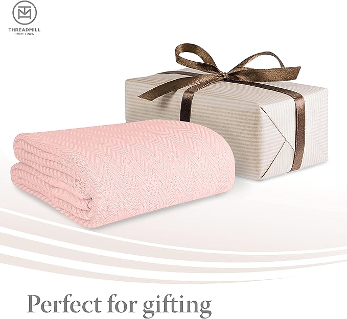 Threadmill Luxury Cotton Blankets for Queen Size Bed | All-Season 100% Cotton Queen Size Blanket | Herringbone Cozy, Soft Breathable Fall Thermal Blanket fits Full Size Bed | English Rose
