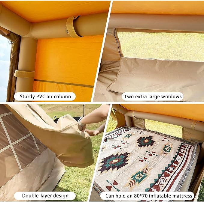 Inflatable Camping Tent for 4 Person with Heavy Duty 600D Oxford Fabric - Blow Up Tent Includes Rainfly & Air Pump,Easy Setup, Portable All Season Cabin House for Family Camping