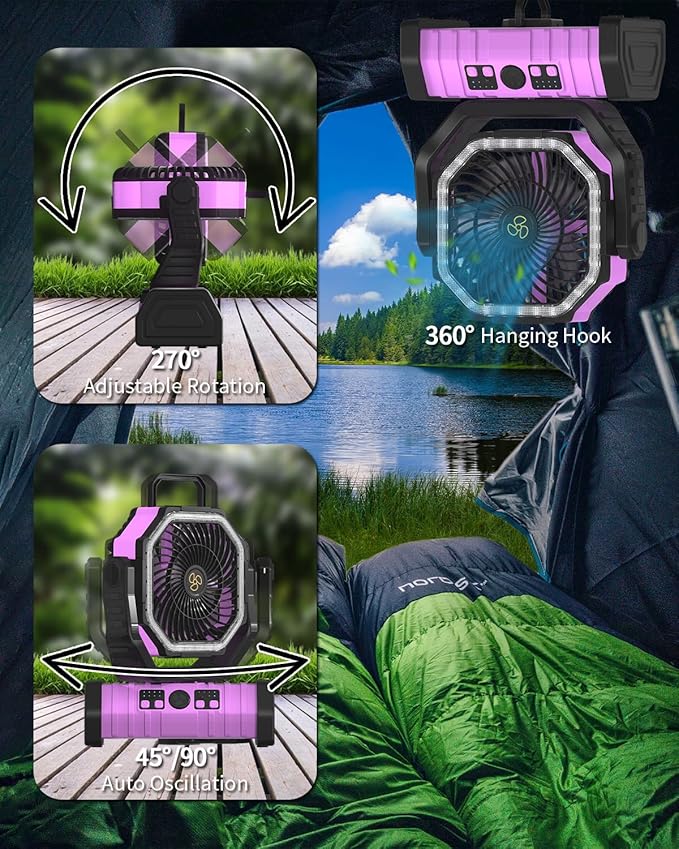 ADUST Camping Battery Operated Powered Fan with LED Lantern Light Portable 20000mAh Rechargeable Oscillating Fan with 360° Rotation Hanging Hook for Tents, Cordless USB Desk Fan(Pink)