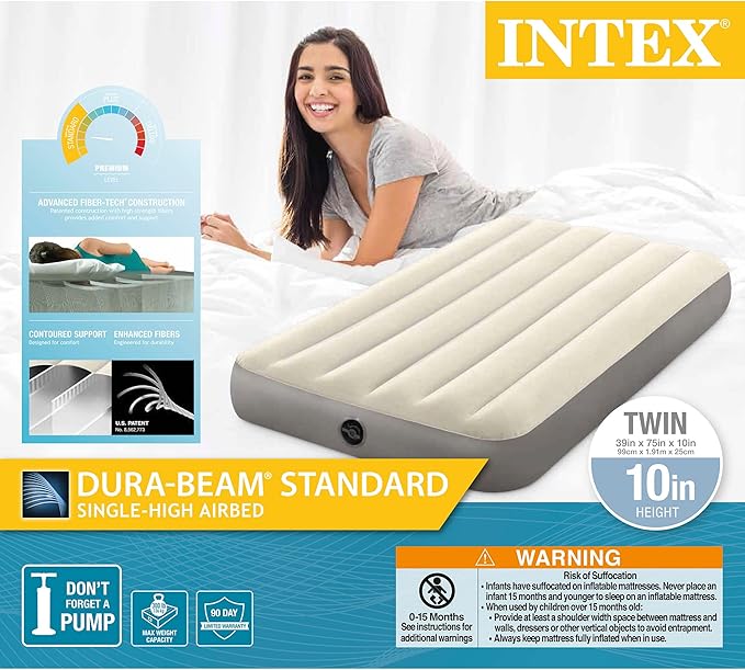 Intex 64101E Dura-Beam Standard Single-High Air Mattress: Fiber-Tech – Twin Size – 10in Bed Height – 300lb Weight Capacity – Pump Sold Separately