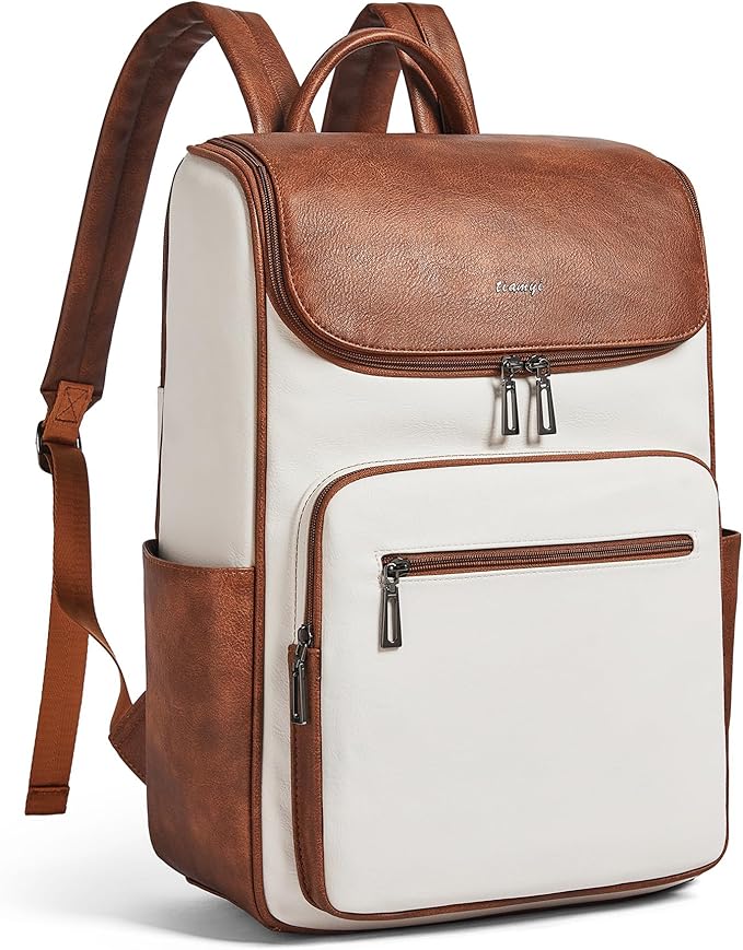 Leather Backpack for Women, Fits 17 Inch Laptop in Main Compartment, Dedicated 15.6 Inch Padded Sleeve, Large Vegan Leather Travel Computer Bag with Luggage Strap for Business and Work, Beige