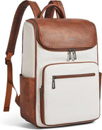 Leather Backpack for Women, Fits 17 Inch Laptop in Main Compartment, Dedicated 15.6 Inch Padded Sleeve, Large Vegan Leather Travel Computer Bag with Luggage Strap for Business and Work, Beige