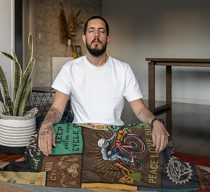 Bicycle Enthusiast Gift, Mountain Biking Blanket Throw 60"x50" for Men/Riders/Cyclists, Bike Themed Decorations