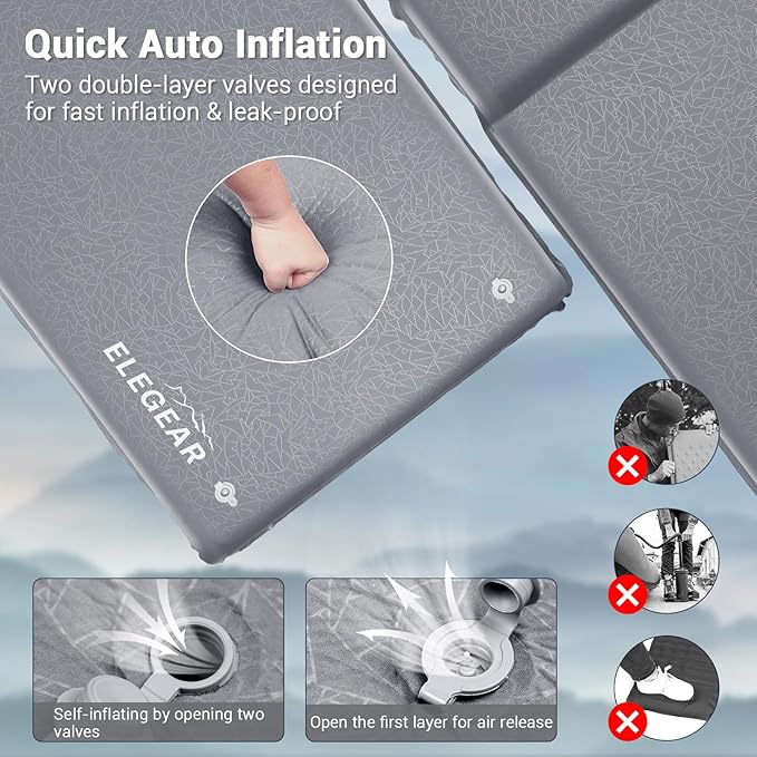 Elegear Self Inflating Camping Sleeping Pad, 3.1'' Ultra Thick Memory Foam Camping Pad with Pillow & Embossed Surface Design, 20s Fast Inflating Insulated Sleeping Pad for Camping/Travel/Tent/Car