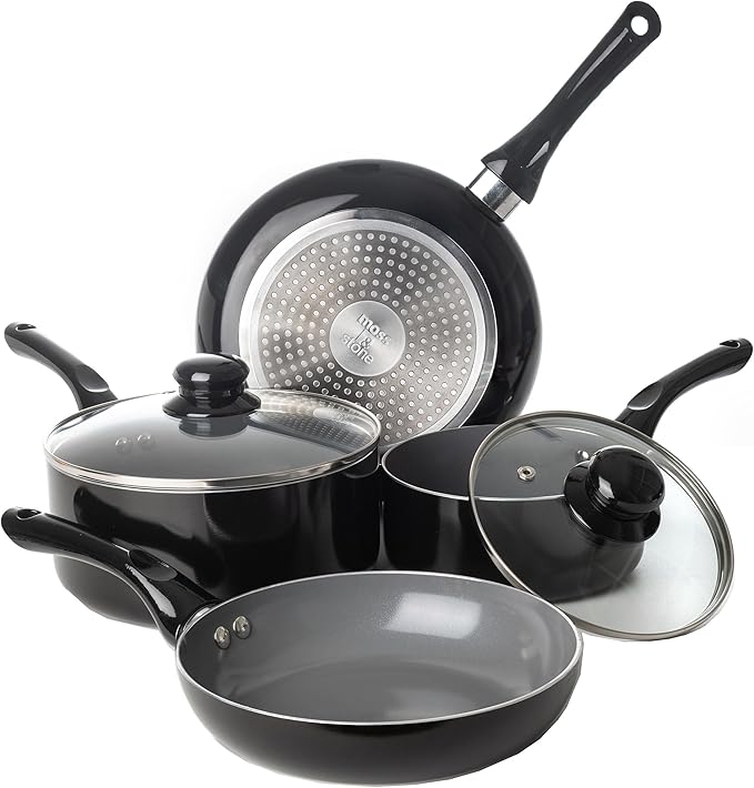Moss & Stone 6 Pcs Black Nonstick Cookware Set, Pots And Pans Set Non stick With Glass Lid, Induction Cookware, Stay-Cool Handle PTFE/PFOA Kitchen Pots 6-Piece with Frying Pans & Saucepan
