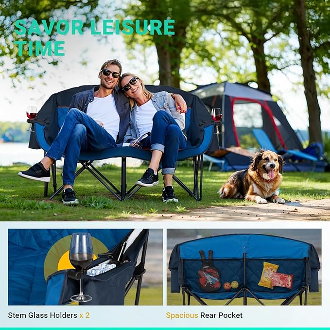 Overmont Oversized Double Camping Chair - 2 Person Comfort Couch Chair Loveseat for Adults - Heavy Duty Lawn Chairs with Cooling Bag&Wine Racks - Support 850LBS Blue