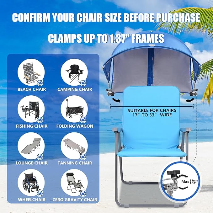 XL Universal Chair Canopy Umbrella, UPF 50+ Foldable Sun Shade Attachment with Adjustable Clamp, Fits Most Brands’ Beach, Camping, Lawn, Tanning, Zero Gravity, Lounge & Fishing Chairs