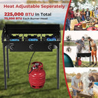 CAMPLUX 3 Burner Camping Stove for Outdoor Cooking, 225,000 BTU Propane Outdoor Stove with Detachable Stand Legs and Windshield, Propane Gas Stove with Adjustable High Pressure Regulator and Hose
