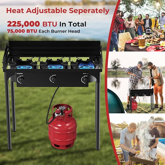 CAMPLUX 3 Burner Camping Stove for Outdoor Cooking, 225,000 BTU Propane Outdoor Stove with Detachable Stand Legs and Windshield, Propane Gas Stove with Adjustable High Pressure Regulator and Hose