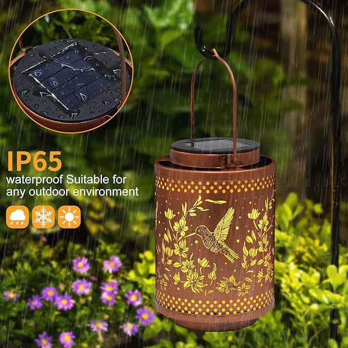 2 Pack Hummingbird Solar Lanterns Garden Decor Birthday Gifts for Women Mon Grandma Metal Hanging Solar Lights Waterproof Outdoor Decoration for Outside LED Lanterns for Yard