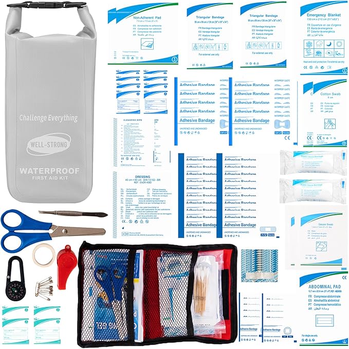 Waterproof First Aid Kit Roll Top Boat Emergency Kit with Waterproof Contents for Fishing Kayaking Boating Swimming Camping Rafting Beach Light Grey