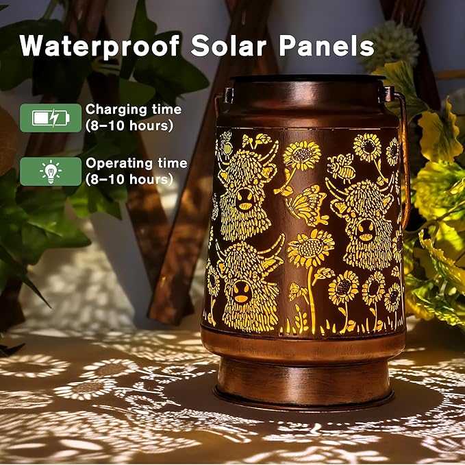 Solar Lanterns Outdoor Waterproof Decoration, Highland Cow Garden Decor Hanging Lantern Lights, Birthday Gifts for Women, Led Decorative Outside Light, for Yard, Patio, Porch,Pathway, Table, Trees