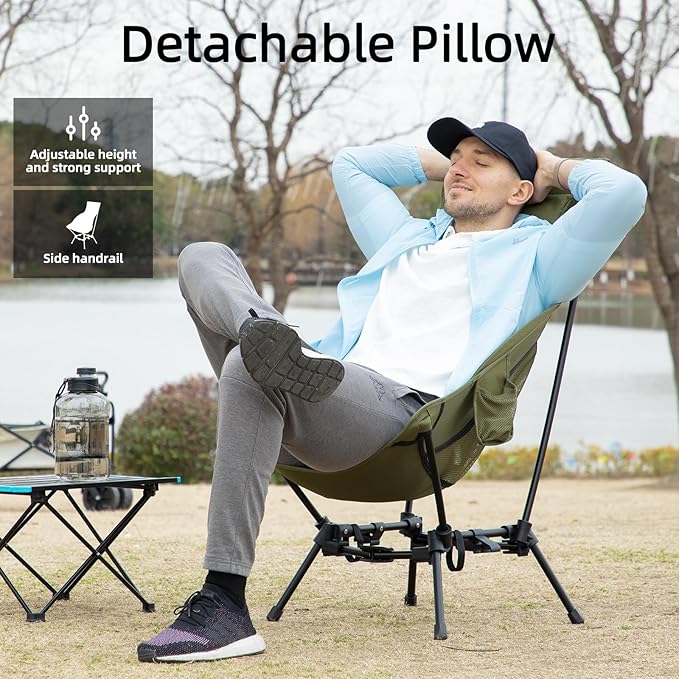 Wildhiker Portable High Back Folding Camping Chairs – Compact with Dual Sitting Modes, Pillow, Arm Pads and Side Pockets – Lightweight Chair for Motorcycle, RV, Festival, Travel – Green