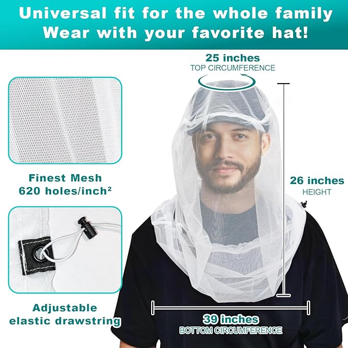 South to East Premium Mosquito Head Net for Insect 2 Pack, Fly & Bug Protection | Ultra Large & Long, Extra Fine Holes for Camping, Hiking, Fishing, Gardening, Safari, Fits All Hats for Men & Women