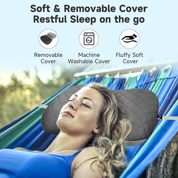 OUTSKIRT Inflatable Camping Pillow, 2-in-1 Travel Pillows for Sleeping, Ergonomic & Lightweight Small Backpacking Pillow for Travel, Hiking, Camping & Outdoor Activities, Grey