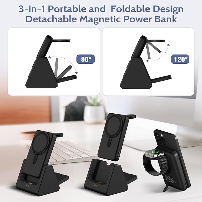 3-in-1 Wireless Charging Station: Portable 5000mAh Power Bank Charger Compatible for Phone Air/17/16/15/14/13/12 Series and Watch - Detachable Magnetic Charging Stand Black