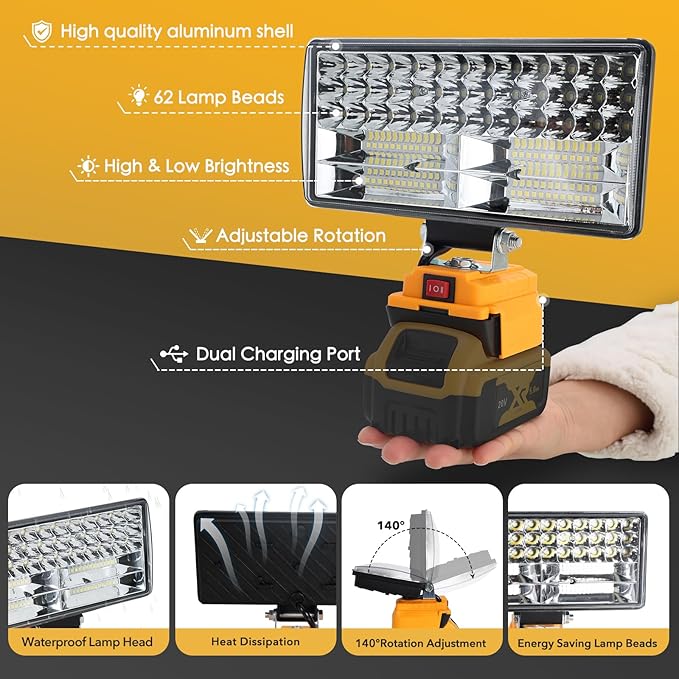 Cordless LED Work Light for Dewalt 20V Battery, 8" Portable LED Flood Light Flashlight, 2 Modes Brightness, 90W 9000LM, Low Voltage Protection, USB & Type-C Ports, for Work Camping Outdoor(No Battery)