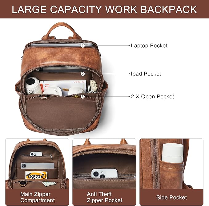 Travel Backpack for Women, Fits 17.0" Notebook, Stylish Lay-Flat Carry-on Vegan Leather Backpack with Luggage Strap for Travel and Daily Use