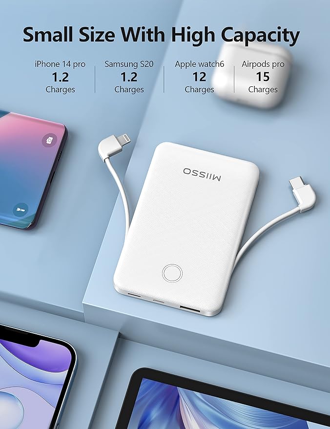 2-Pack 6000mah Ultra Slim Built in Cables Power Bank, Card Size Built in USB C Cords Battery Pack Portable Charger for Phones, 3 Output External Battery Pack Compatible with iPhone, Black & White