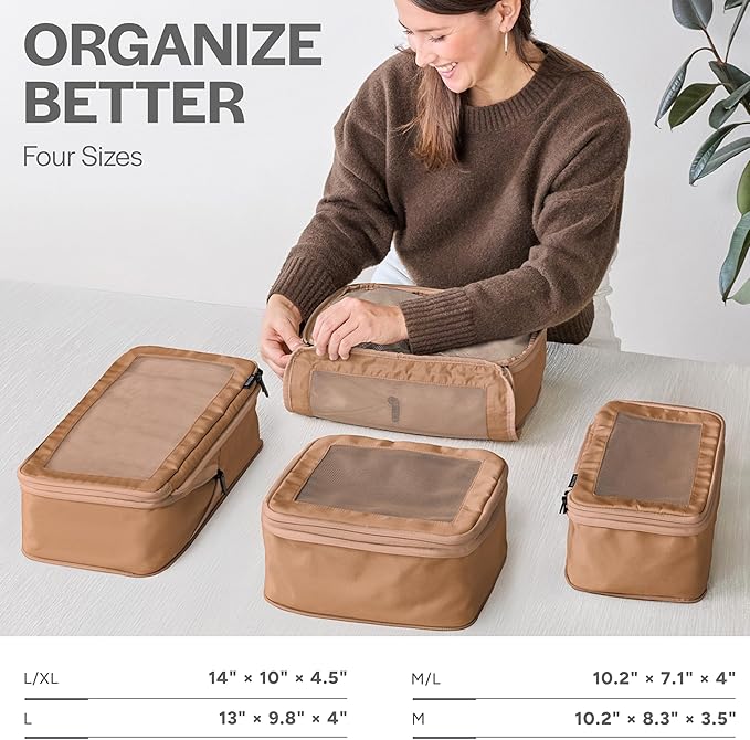Compression Packing Cubes for Travel - Luggage Organizer Bags - Double Zipper Packing Cubes for Suitcases (4-Pack, Mocha)