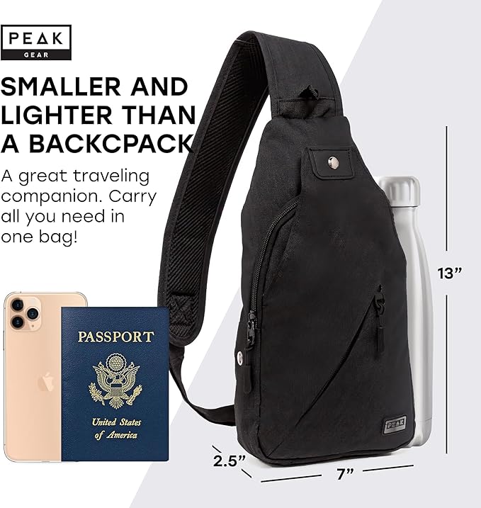 Peak Gear Travel Sling Bag. Compact Crossbody Bag | Lighter and Smaller than a Backpack | Lifetime Lost & Found ID Tag