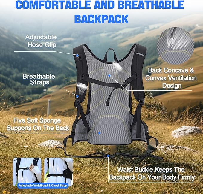 Hydration Backpack 20L Lightweight Breathable Water Backpack with 2L Water Bladder, Adjustable Chest Straps Running Hydration Vest for Cycling, Hiking, Climbing