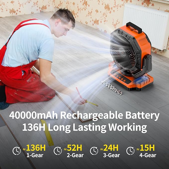 Socool 40000mAh Camping Fan Rechargeable, Battery Operated Portable Outdoor Fan Remote, 136Hrs & 4-Speed Cordless Oscillating, Table Fan with Light & Timer for Tent RV Jobsite Hurricane Power Outage