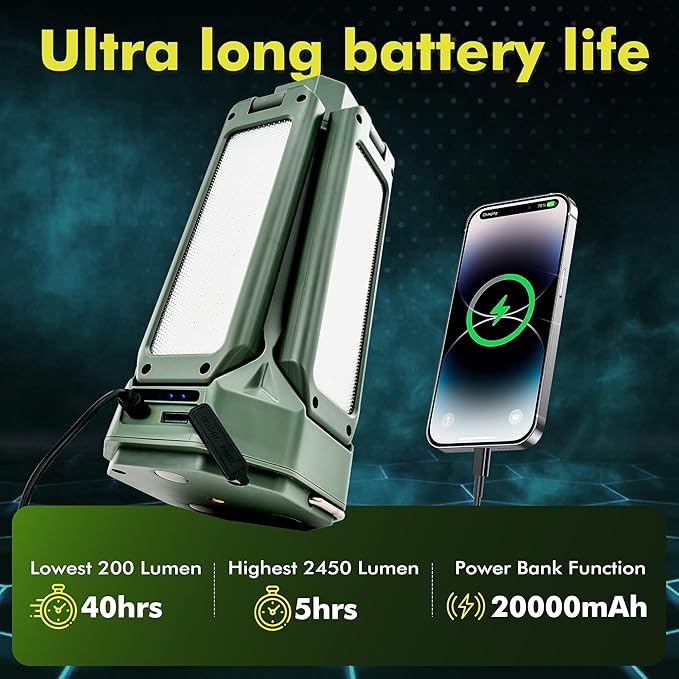 Portable Camping Light with Stand 67'' Rechargeable Work Light - 6500Lumen, 20000mAh Battery, 2700K-6000K Dimmable Emergency Flashlight with Magnetic Base for Camping, Garage, Power Outages