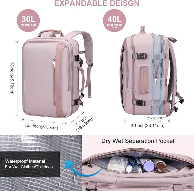 PIJUSHI Travel Backpack for Women Expandable Carry on Luggage Backpack Airline Approved Personal Item Laptop Bag(PE034 Light Purple)