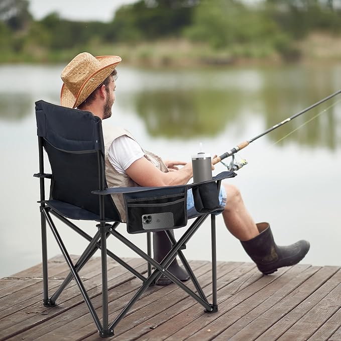 Oversized Folding Camping Chair for Adults - 450lbs Support - Heavy Duty Portable Lawn Chairs with Side Pocket Cup Holder Cooler Bag for Sports Garden Beach Fishing, Blue