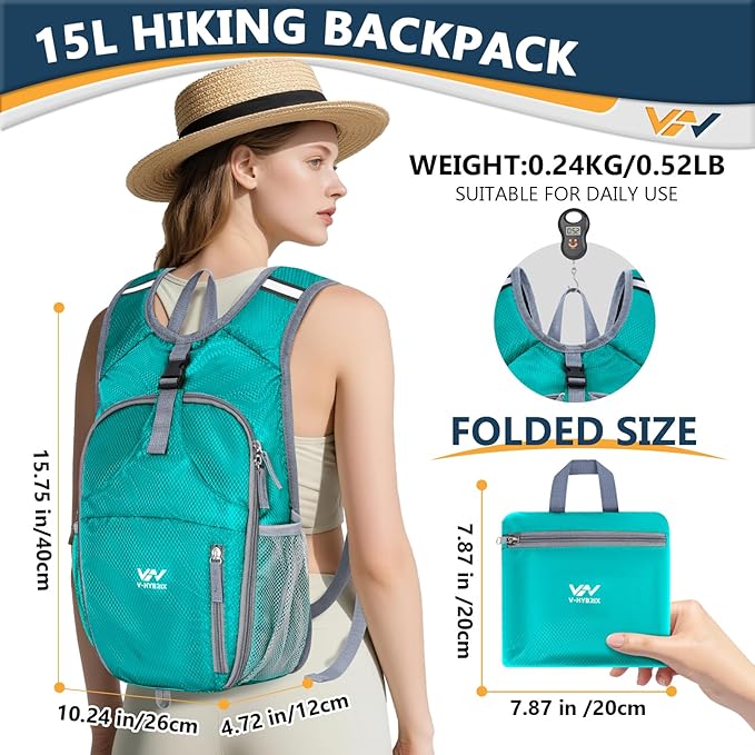 15L Hiking Backpack - Small Lightweight Packable Daypack Travel Outdoor Foldable Shoulder Bag Camping Hiking Backpack for Women Men - Green
