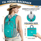 15L Hiking Backpack - Small Lightweight Packable Daypack Travel Outdoor Foldable Shoulder Bag Camping Hiking Backpack for Women Men - Green