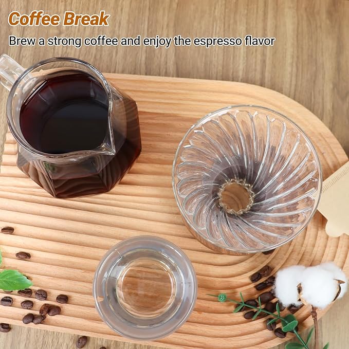 Coffee Pour Over 13.5oz 400ml High Borosilicate Glass Pour Over Coffee Maker Set Camping Travel with 50 Pcs V60 Cone Filter Paper Hand Brew Carafe Drip Suitable for Electric Ceramic Stove