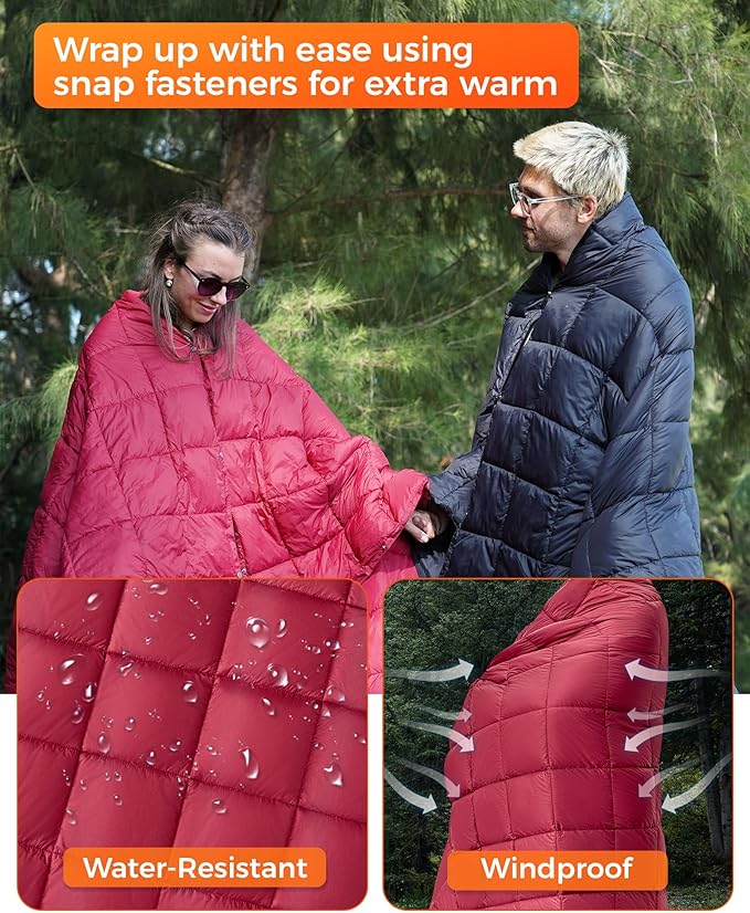 KingCamp Ultralight Camping Blanket, Packable Down Alternative Puffy Wearable Blankets Weatherproof Warm Package Quilt with Snap Buttons for Outdoor Hiking Travel Picnic Stadium (79" L x 53" W, Wine)