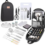 Portable Camping Kitchen Utensil Set-27 Piece Cookware Kit, Stainless Steel Outdoor Cooking and Grilling Utensil Organizer Travel Set Perfect for Travel, Picnics, RVs, Camping, BBQs, Parties and More
