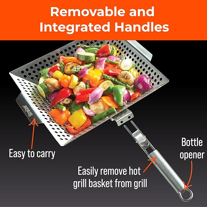 Heavy-Duty Stainless Steel Grill Basket – 12"x13.75" Large BBQ Basket with Removable Handle – Durable Grilling Basket for Vegetables, Fish & Meat – Outdoor Cooking Accessory with 4 Bonus Scrub Sponges