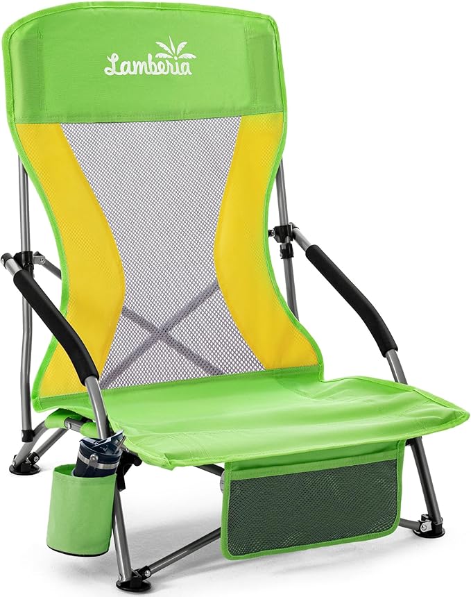 Lamberia Folding Beach Chair for Adults, Portable Low Beach Chairs with 300lbs Capacity, Lightweight Fodable Camping Chair for Travel, Picnic, Concert & Outdoor Activities,Green-Yellow