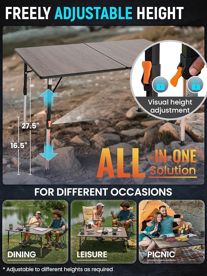 KingCamp Folding Glass Fiber Camping Table, Portable Camp Table with Adjustable Height Aluminum Legs & Carry Bag for Outdoor, Picnic, Beach, Party, Indoor, Use for 4-6 People