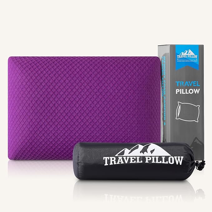 Travel Pillow Memory Foam Pillows, Camping Pillow-Compressible Medium Firm, Breathable Cover, Ideal Backpacking Hiking, Bed Pillows, Airplane and Car (Purple, M)