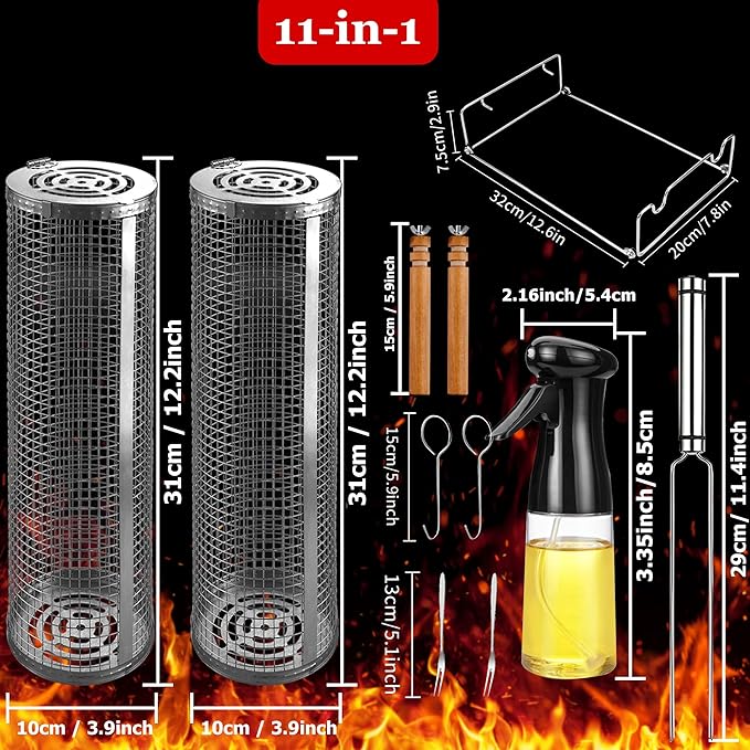 Rolling Grilling Baskets for Outdoor Grill Bbq Net Tube Stainless Steel Large Round Mesh Barbecue Accessories Wire Cylinder Cage Picnic Essentials Cooking Camping Basket for Veggies Vegetable Fish